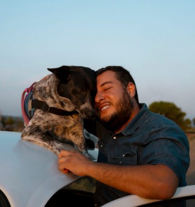 Young,Man,Hugs,His,Dog,Who,Is,On,The,Roof